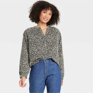 100% Cotton Corduroy Ditzy Floral Narrow Wale Popover Blouse Long Sleeve Top S